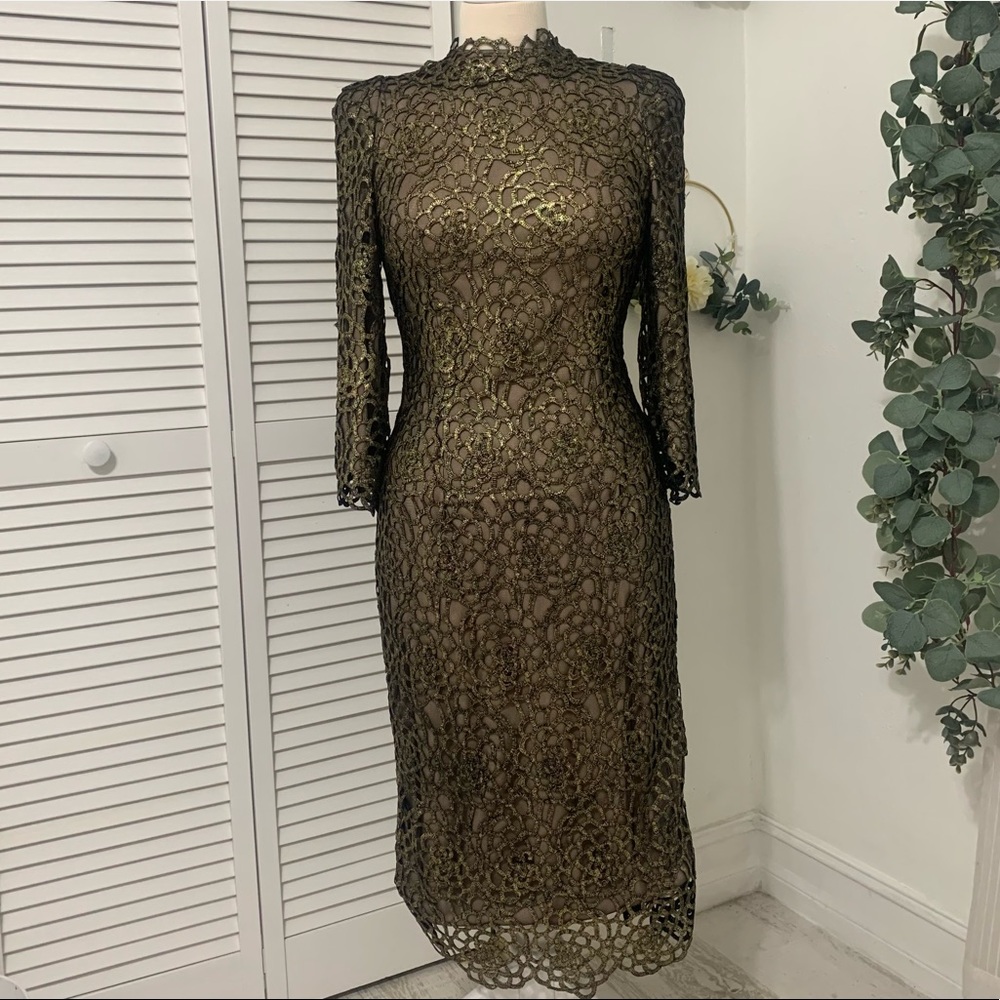 Janique K6411 Gold and Black Cocktail High-neck Dress